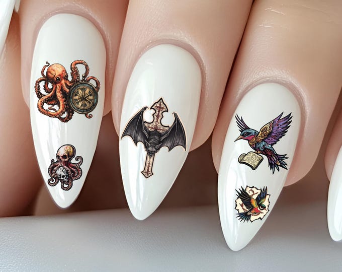 Old School Animal Water Nail Stickers, Water Slide Stickers for Nails, Octopus, Dragon, Snake Skull, Bat