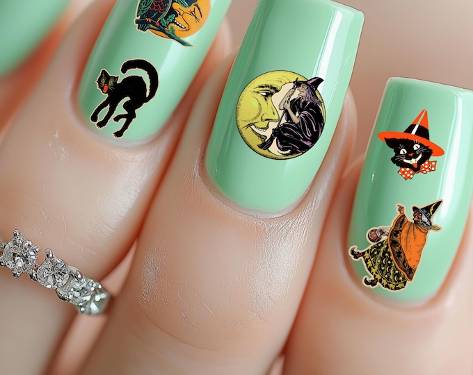 Witchy Halloween water nail stickers, water slide stickers for nails, nail stickers witch on broomstick, pumpkin, cauldron