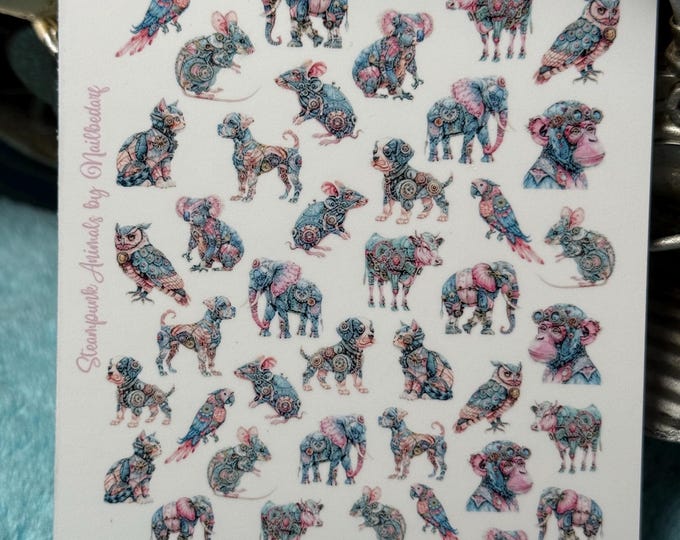 Steampunk Animal Nail Art Water Slide Stickers for Nails, Steampunk Cow, Elephant, Owl, Dog, Cat