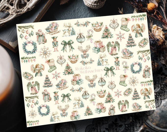 Rococo Christmas Water-Slide Decal Sticker, Nail Art for Nails, Fingernail Transfer Decal, Water-Transfer Nail Decal