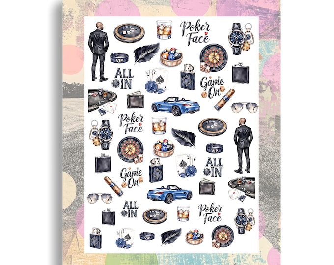 Men's Trip Nail Stickers / Water Nail Decals / Watercolor Casino, Poker Nail Art Gentleman