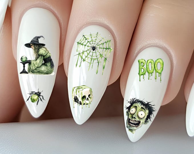 Witchy green Halloween water nail stickers, water slide stickers for nails, witch nail stickers, cauldron, Boo