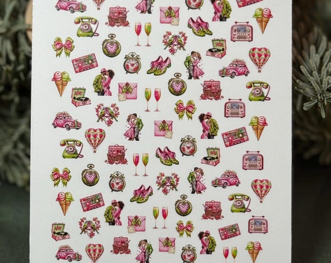 2D Retro Valentine's Day Water Slide Nail Stickers, Nail Art: Couple in Love, Love Letter, Record Player