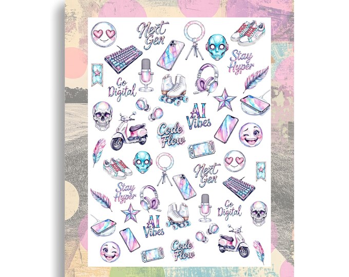 Gen Alpha nail stickers - waterslide nail decals - nail art futuristic, lifestyle, digital world, smartphones, tablets