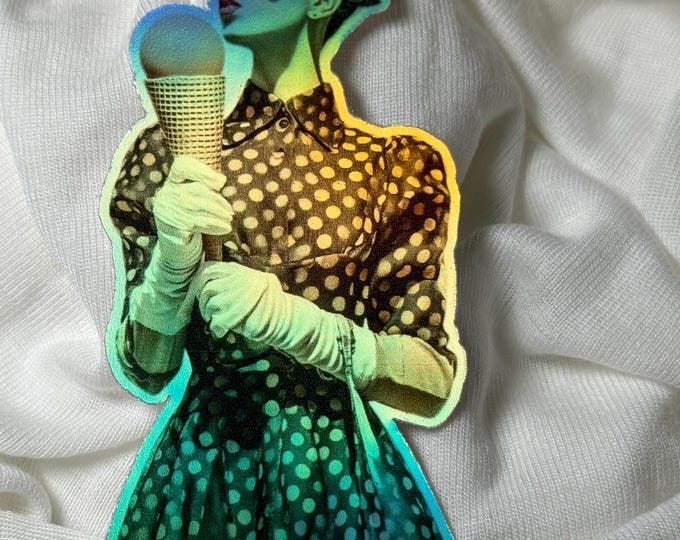 Quirky woman with ice cream vinyl sticker hologram, waterproof sticker approx. 4 inches / 10 cm