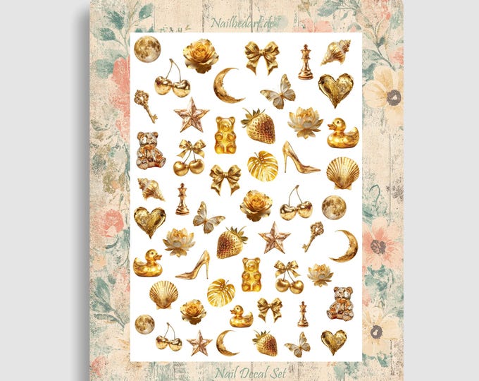 Luxury, gold nail stickers, gold nails, luxury nail art, waterslide decals, nail stickers, glamorous nails, metallic gold