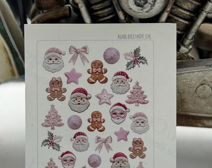 Christmas-themed patches, nail stickers, Christmas nail art, waterslide decals, nail stickers, pink Christmas