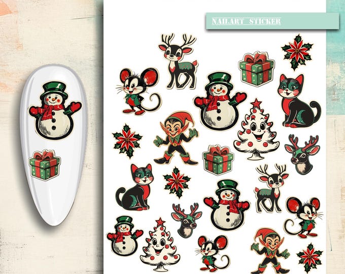 Nail art stickers Christmas, retro Christmas time, snowman, elf, Christmas tree, poinsettia, winter, nail stickers, nail tattoo