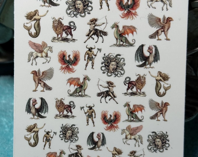 Fantasy creature nail art waterslide stickers for nails, nail stickers Medusa, Pegasus