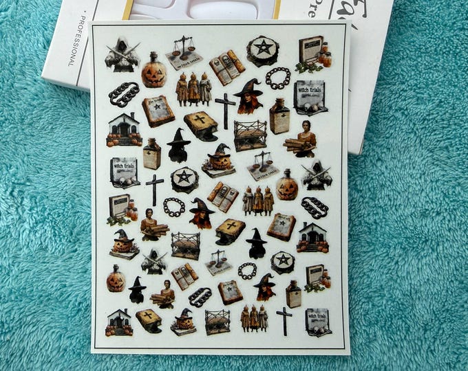 Vintage-style Halloween nail stickers, Halloween witch nail art, retro witch nail decals, water-slide decals.