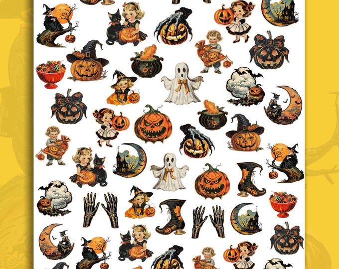 Retro Halloween Water-Slide Nail Art Stickers – Vintage Ghost, Witch, and Pumpkin Designs
