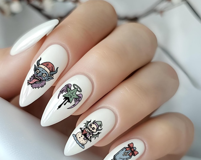 Gothic Christmas nail art water decals, creepy Krampus skull water nail stickers, nail waterslide decals