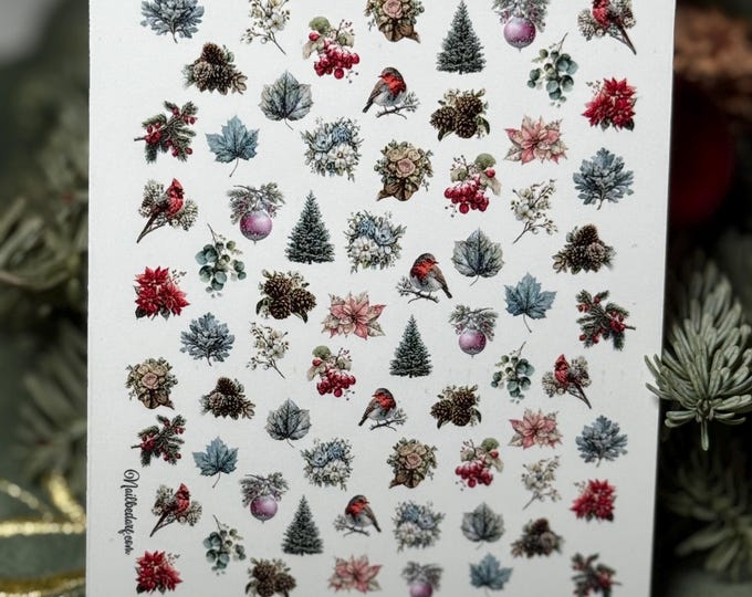 Winter flower nail art stickers, waterslide decals, flowers, winter, leaves, poinsettia