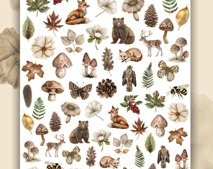 Vintage nature forest nail art water slide stickers for nails, nail stickers mushrooms, forest animals, butterflies