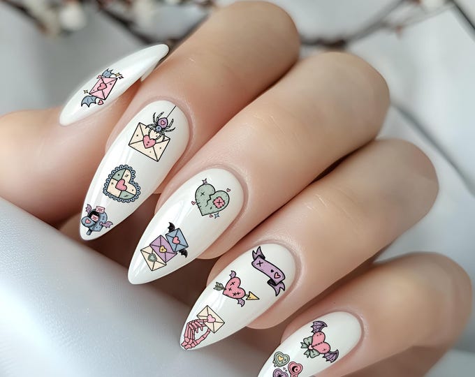 Gothic Valentine's Day Nail Stickers, Water Slide Nail Stickers, Nail Art with Love Letter and Heart Design