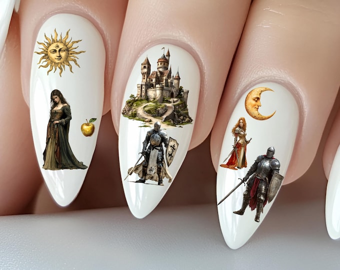 Medieval Fantasy Water Nail Stickers, Water Decal Nail Art, Knights, Dragons, Castles, Feathers