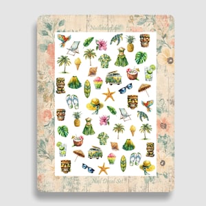 Verão - Adesivos de unhas com efeito de toboágua - Férias de verão, palmeiras, abacaxi, coquetéis, férias na praia, praia, hibisco