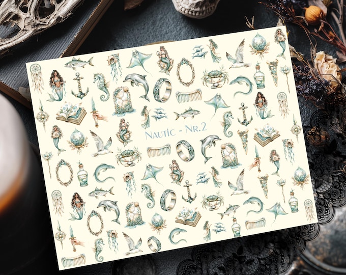Nautical/Ocean-themed water-slide decals, nail art for fingernails, water-transfer nail stickers