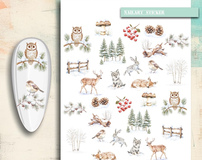 Nail stickers, nail tattoo nail art, winter, brown bear, squirrel, hedgehog, owl, nail art stickers nature, trees, fox