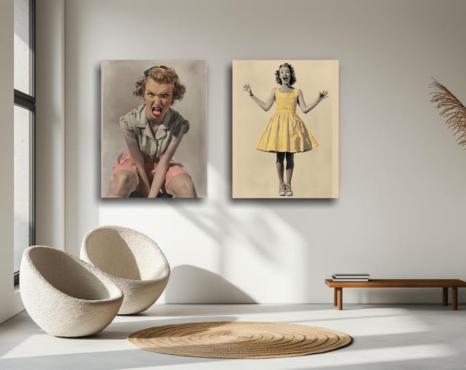 Posters - Funny Vintage Female Portraits, Female Expressions, Expressive Women, Vintage Girls on Canvas