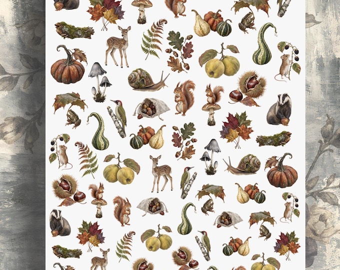 Autumn Vintage Waterslide Decal Stickers for Nails | Nail Art | Forest Nail Art | Woodland Animals