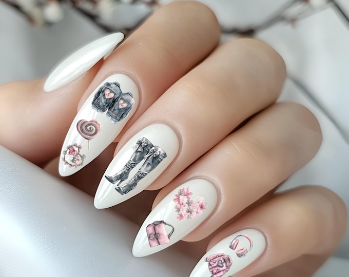 Nail art water stickers for winter love, Valentine's Day, pink and grey, water nail decals, nail water slide film