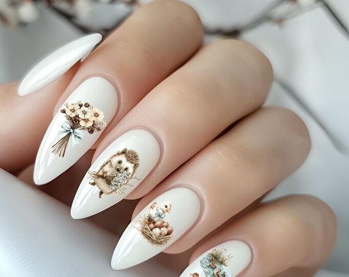 Spring and Easter nail art, waterslide decals, springtime, flowers, bouquets, animals