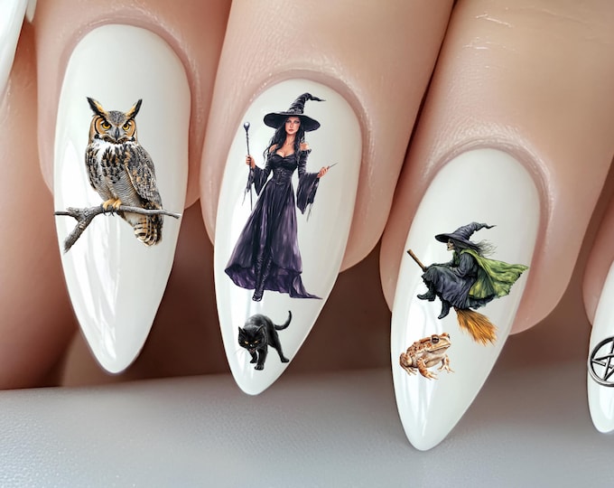 Witch's Water Nail Stickers, Water Slide Stickers for Nails, Halloween Nail Stickers, Witch's Cauldron, Toad, Owl on Branch