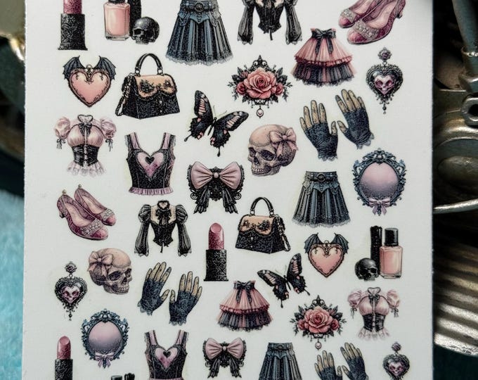 Gothic coquettish nail art waterslide stickers for nails, nail stickers with a creepy cute aesthetic, occult