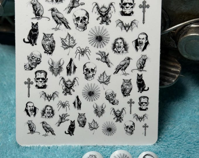 Halloween Horror Water Nail Stickers, Water Slide Stickers for Nails, Vampire Nail Art Stickers, Grey, Vintage Horror Old School