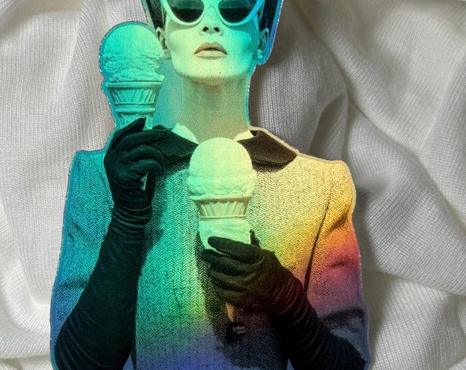 Quirky woman with ice cream vinyl sticker hologram, waterproof sticker approx. 4 inches / 10 cm