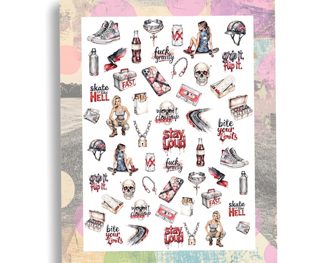 Skater Girl Nail Stickers - Waterslide Nail Decals - Street Style Nail Art, Watercolor Punk, Grunge Skater
