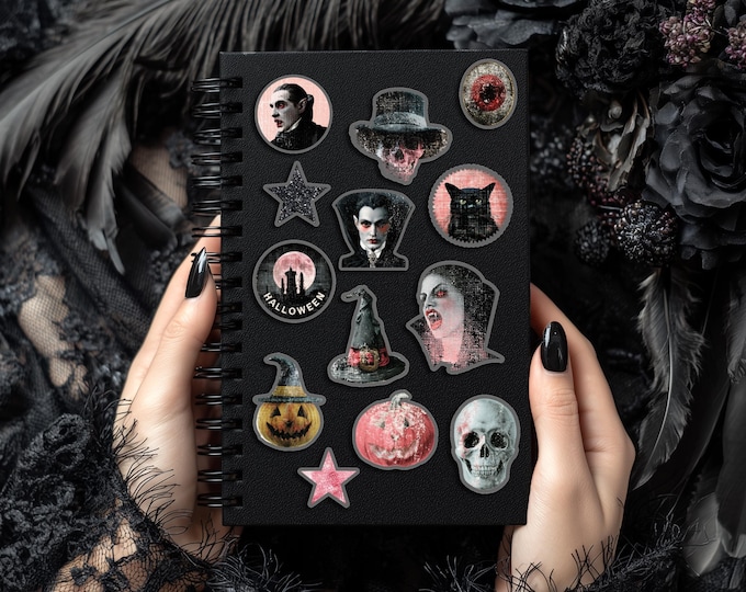 Gothic Vintage Halloween Sticker Set – Vampire, Skull, Pumpkin, Vampire Girl, Bloodsucker, Fangs