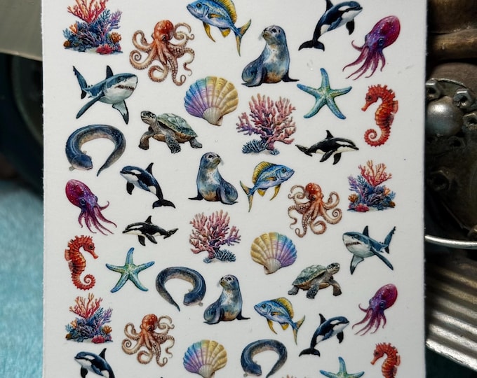 Sea creature water nail stickers, water slide decals, nail art stickers: octopus, turtle, seahorse, coral