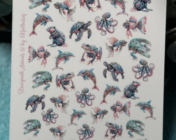 Steampunk animal nail art waterslide stickers for nails, nail stickers dolphin, octopus, frog