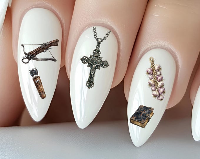 Gothic Vampire Hunter Water Nail Stickers, Water Slide Stickers, Fantasy, Antique Weapon, Crossbow, Vampire Hunter