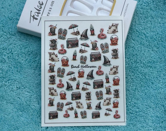 Water-Slide Nail Decals – Beach Halloween, Retro Horror Summer, Ghost, Surfboard, Parasol