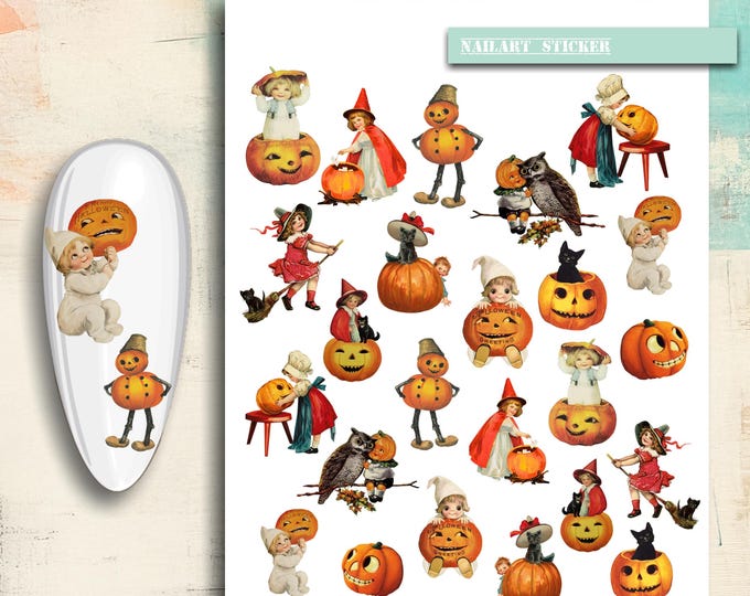 Halloween nail art, vintage nail stickers: pumpkin, cat, broomstick, owl, Halloween for kids
