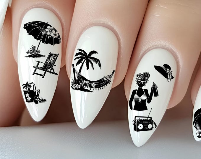 Summer water nail stickers, water slide stickers for nails, nail stickers for vacation, holidays, beach, sun, black