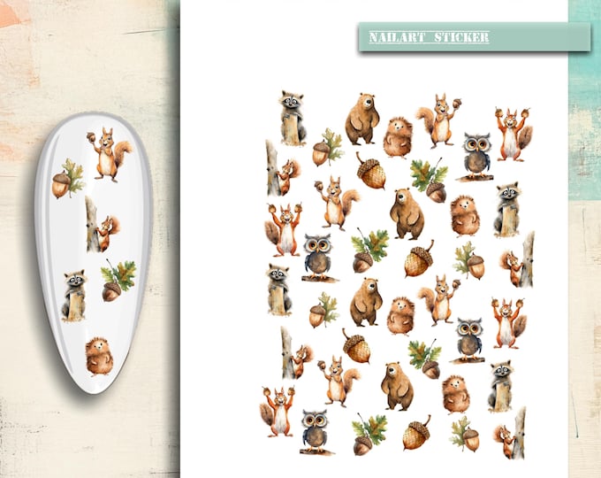 Nail stickers, nail tattoo nail art, autumn, brown bear, squirrel, hedgehog, owl, nail art sticker nature, forest
