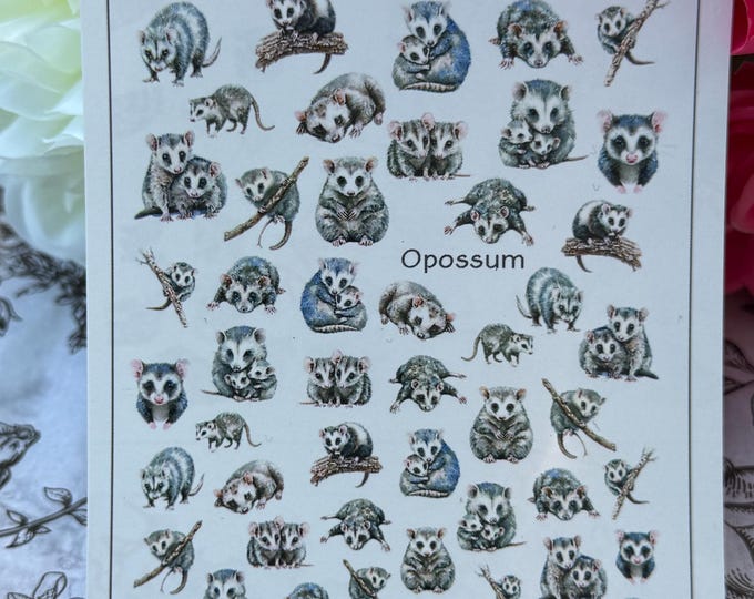 Opossum Water-Slide Nail Art Stickers, Animal Nail Stickers, Marsupial