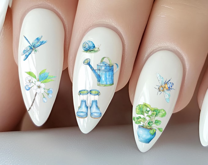 Vintage Spring Water Slide Nail Stickers, Blue and Green Nail Stickers, Tulip, Rabbit, Bird