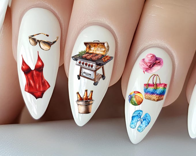 Summer Pool Water Nail Stickers, Water Slide Stickers for Nails, Nail Stickers Sun Beach Tropical Bathing Paradise Barbecue