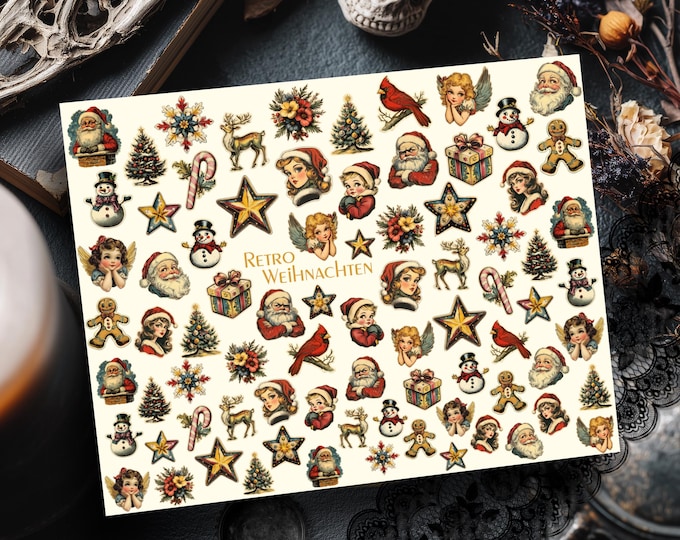 Retro Christmas Water-Slide Decal Stickers, Nail Art for Nails, Fingernail Decals, Wet-Transfer Nail Decals