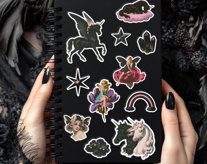 Vintage unicorn stickers, fantasy stickers, magical self-adhesive unicorns, mythical creatures, elf, rainbow
