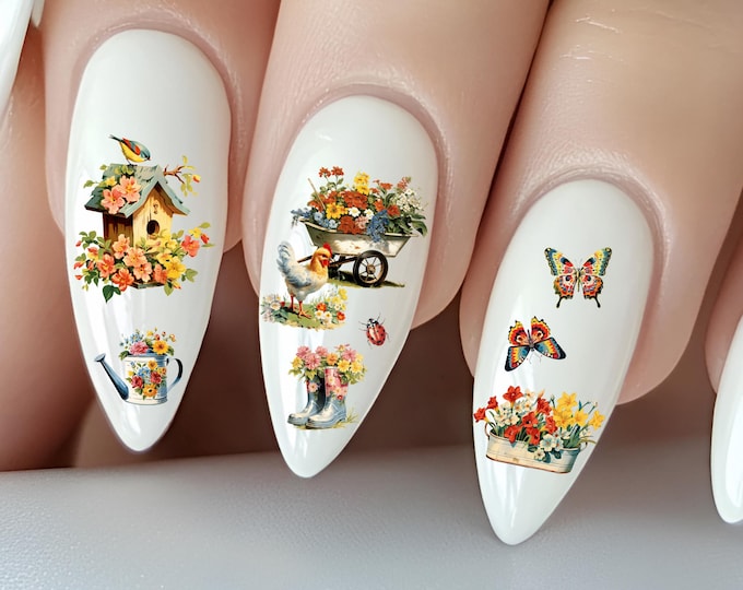 Retro Spring Water Slide Nail Stickers, Nostalgic Garden Blooming Nature
