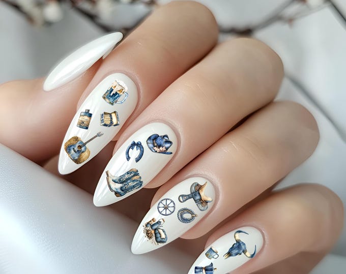 Nail art water decals in blue, country style, and denim blue; water-based nail stickers; nail water-slide decals
