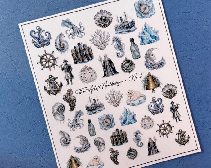 Frozen Ocean Water-Slide Decal Sticker | Kraken Nails | Nail Art | Anchor | Sea God | Coral