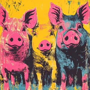 Animali retrò - Fattoria colorata mucca, maiale, capra, pollo, cavallo, stile pop art, arte murale, poster