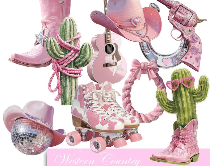 Western Country Wild West Stickers, Cowboy Boots, Guitar, Horseshoe, Disco Ball, Cactus, Pink, Green